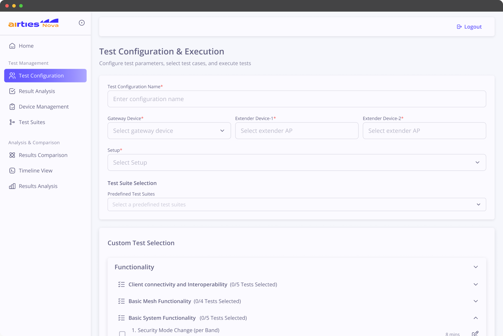 Test Configuration Panel